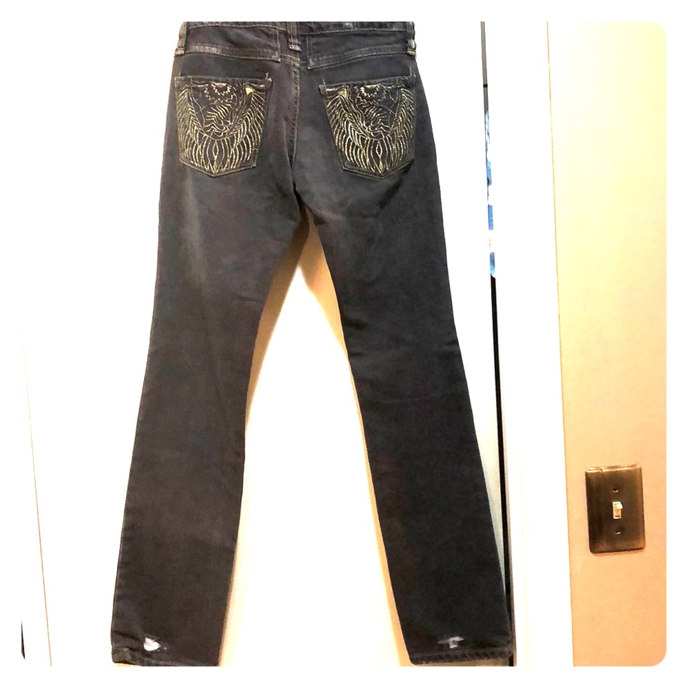 Gray Straight Leg Jeans with Gold Embroidery